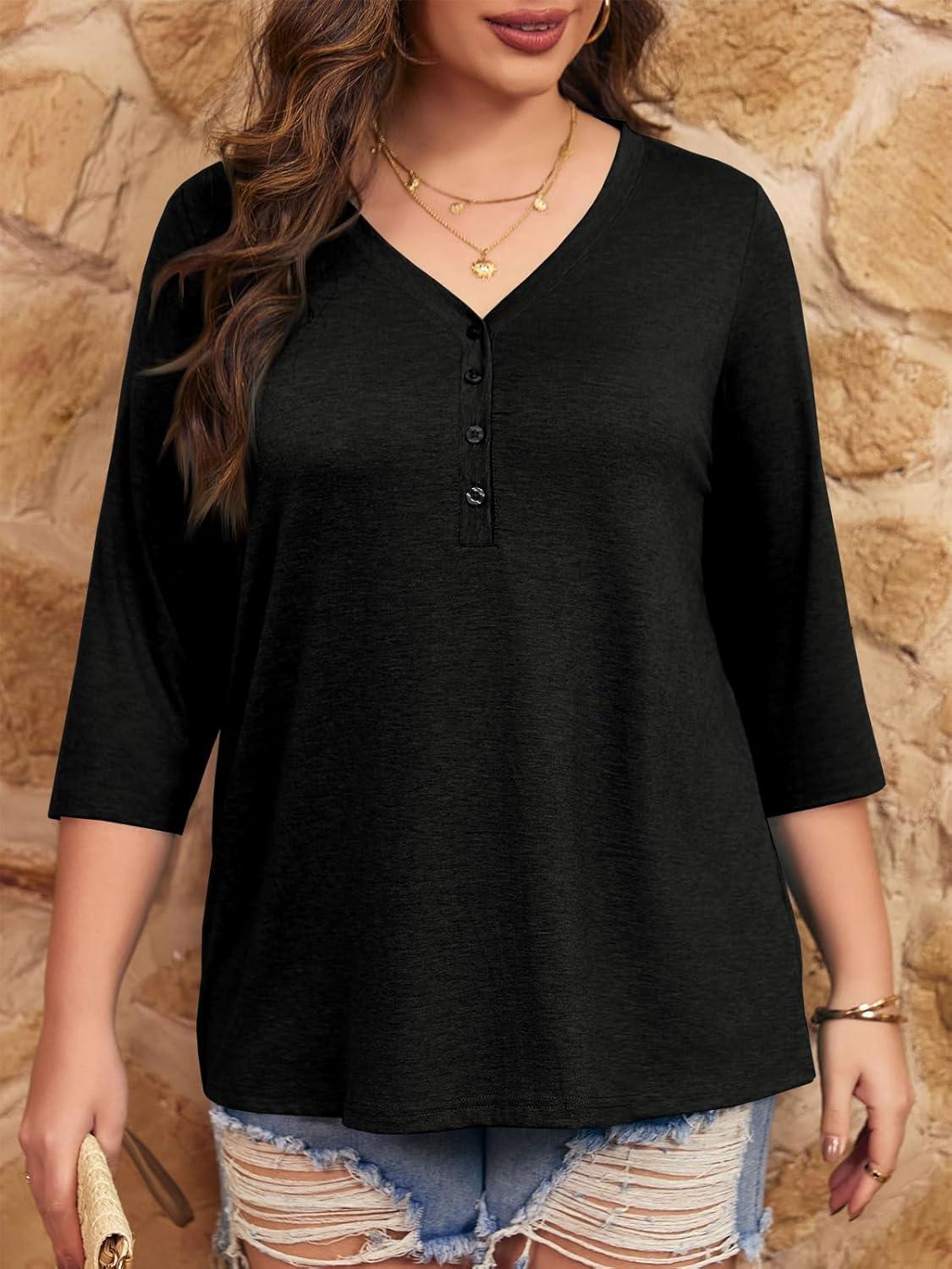 imageTankaneo Women Plus Size Tops V Neck 34 Sleeve Casual T Shirts Loose Basic Tunic TeesBlack