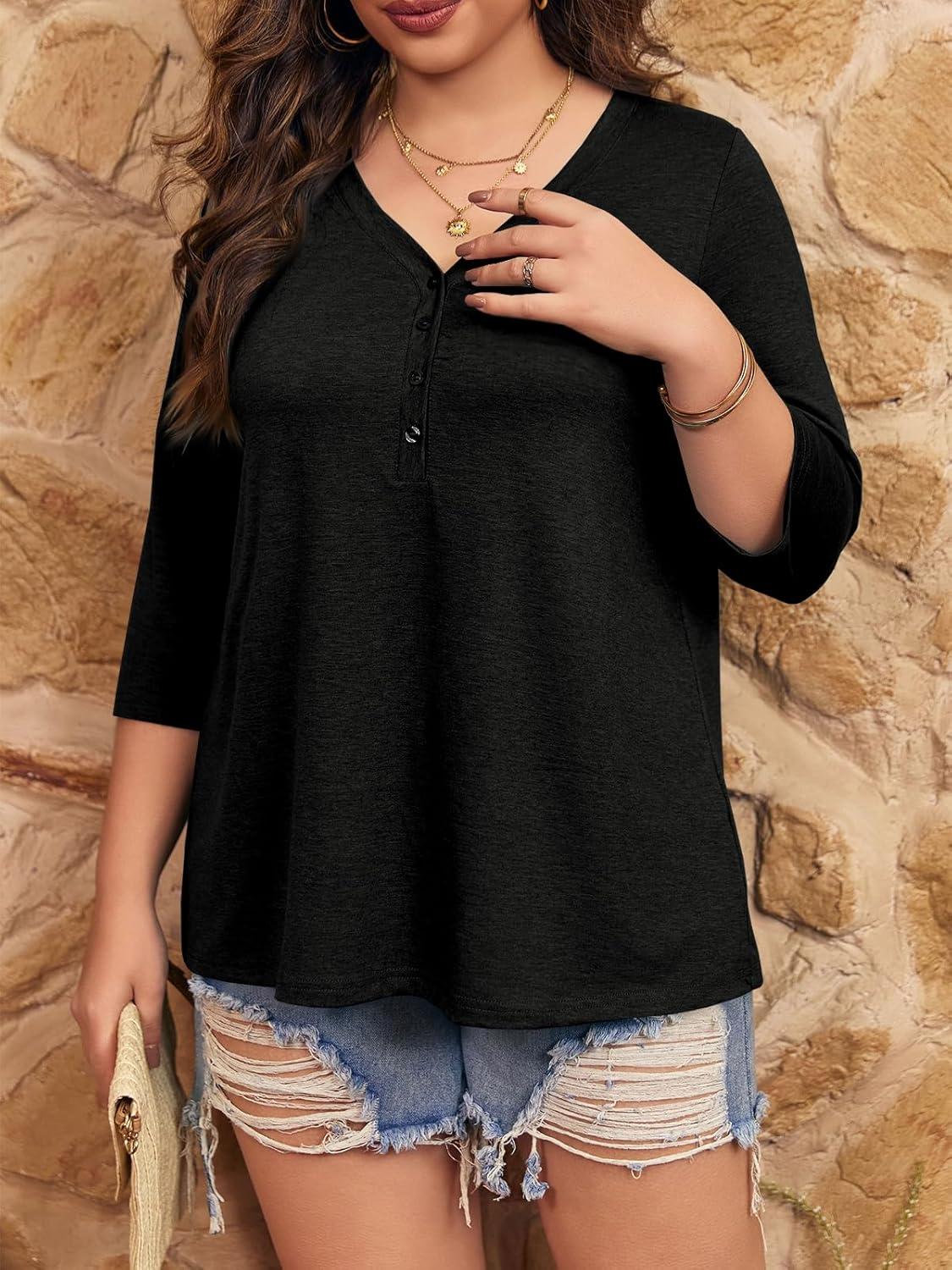 imageTankaneo Women Plus Size Tops V Neck 34 Sleeve Casual T Shirts Loose Basic Tunic TeesBlack