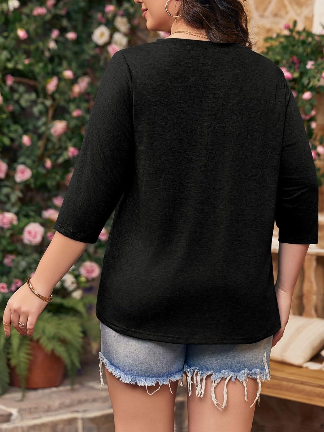 imageTankaneo Women Plus Size Tops V Neck 34 Sleeve Casual T Shirts Loose Basic Tunic TeesBlack