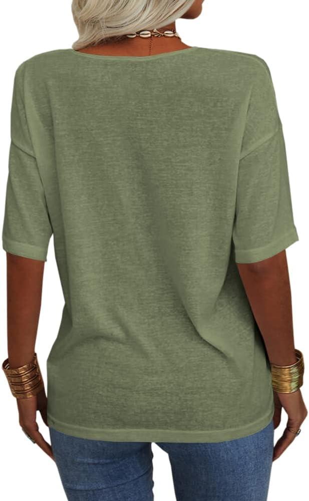 imageTankaneo Womens 34 Sleeve Shirts V Neck Loose Fitting Tops Casual Solid Color Tshirts Trendy Basic Tunic Summer Ladies TopsArmy Green