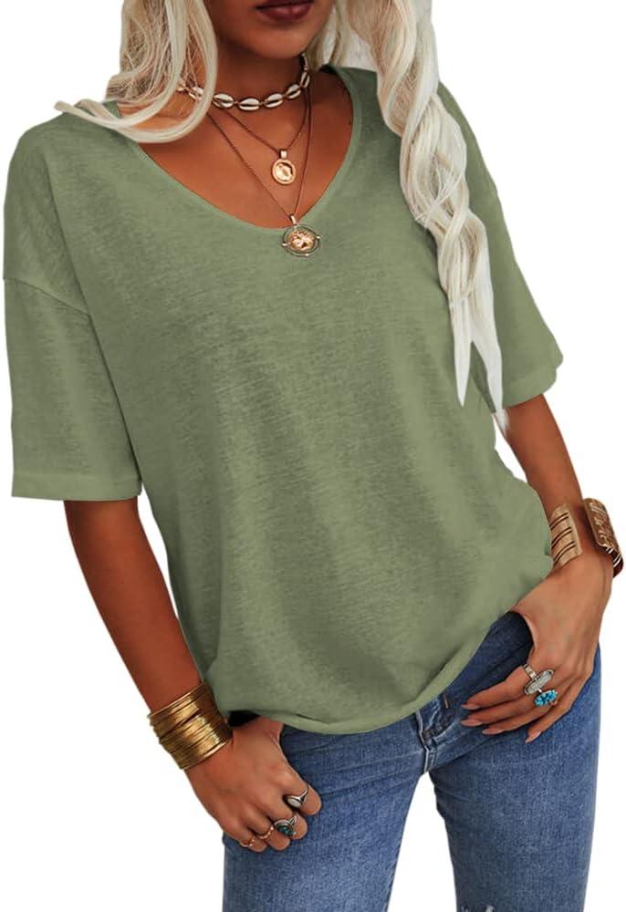 imageTankaneo Womens 34 Sleeve Shirts V Neck Loose Fitting Tops Casual Solid Color Tshirts Trendy Basic Tunic Summer Ladies TopsArmy Green