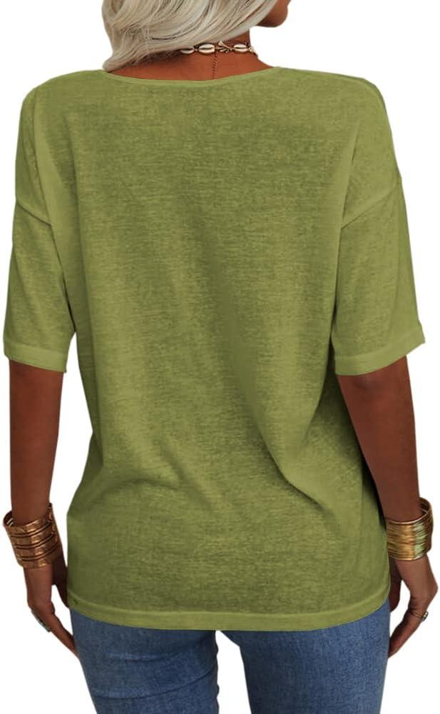imageTankaneo Womens 34 Sleeve Shirts V Neck Loose Fitting Tops Casual Solid Color Tshirts Trendy Basic Tunic Summer Ladies TopsAvocado Green