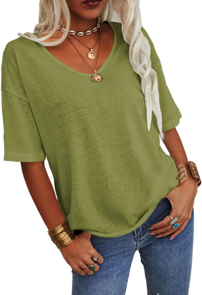 imageTankaneo Womens 34 Sleeve Shirts V Neck Loose Fitting Tops Casual Solid Color Tshirts Trendy Basic Tunic Summer Ladies TopsAvocado Green