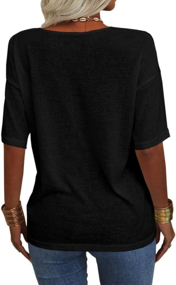 imageTankaneo Womens 34 Sleeve Shirts V Neck Loose Fitting Tops Casual Solid Color Tshirts Trendy Basic Tunic Summer Ladies TopsBlack