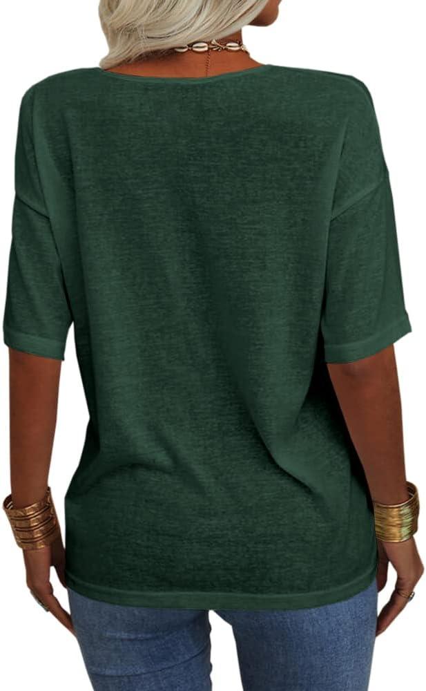 imageTankaneo Womens 34 Sleeve Shirts V Neck Loose Fitting Tops Casual Solid Color Tshirts Trendy Basic Tunic Summer Ladies TopsGreen