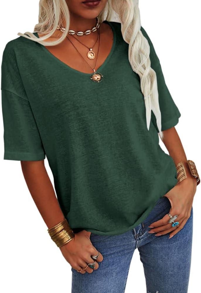 imageTankaneo Womens 34 Sleeve Shirts V Neck Loose Fitting Tops Casual Solid Color Tshirts Trendy Basic Tunic Summer Ladies TopsGreen