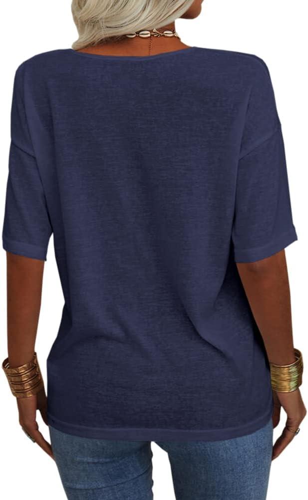 imageTankaneo Womens 34 Sleeve Shirts V Neck Loose Fitting Tops Casual Solid Color Tshirts Trendy Basic Tunic Summer Ladies TopsNavy Blue