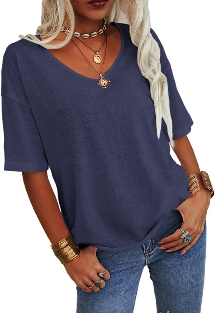 imageTankaneo Womens 34 Sleeve Shirts V Neck Loose Fitting Tops Casual Solid Color Tshirts Trendy Basic Tunic Summer Ladies TopsNavy Blue
