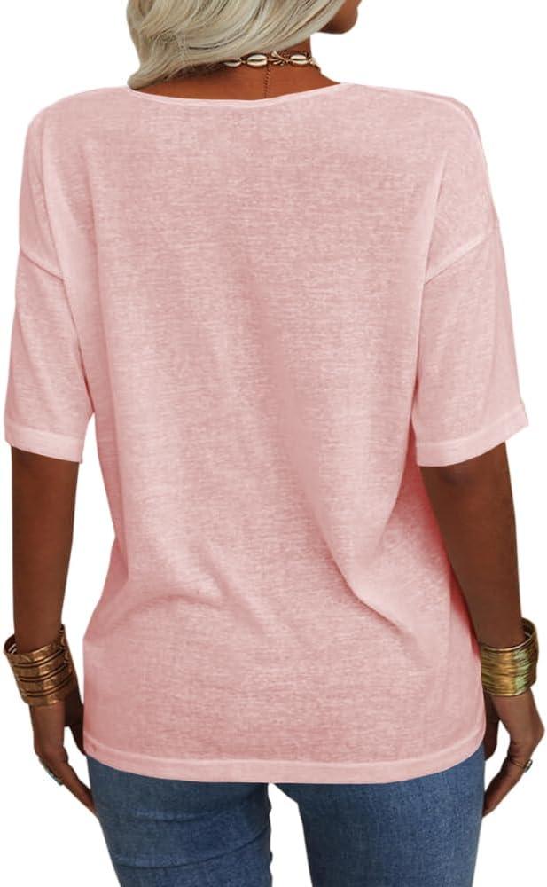 imageTankaneo Womens 34 Sleeve Shirts V Neck Loose Fitting Tops Casual Solid Color Tshirts Trendy Basic Tunic Summer Ladies TopsPink