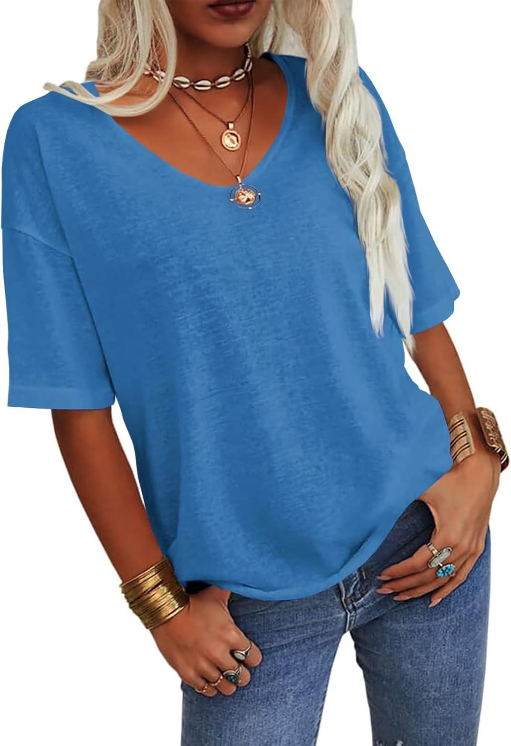 imageTankaneo Womens 34 Sleeve Shirts V Neck Loose Fitting Tops Casual Solid Color Tshirts Trendy Basic Tunic Summer Ladies TopsRoyal Blue