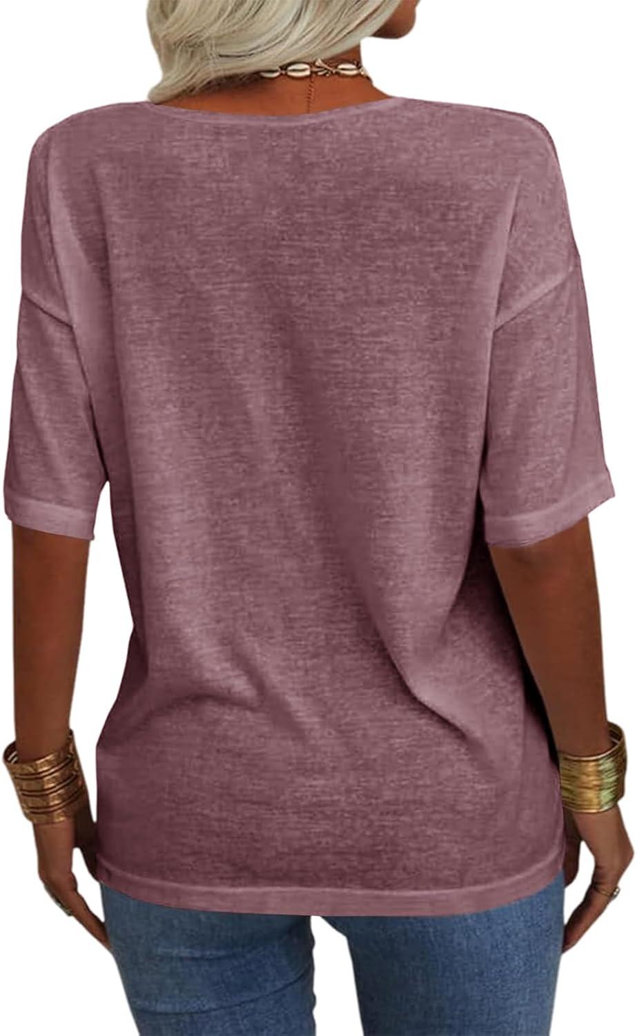 imageTankaneo Womens 34 Sleeve Shirts V Neck Loose Fitting Tops Casual Solid Color Tshirts Trendy Basic Tunic Summer Ladies TopsWine Red