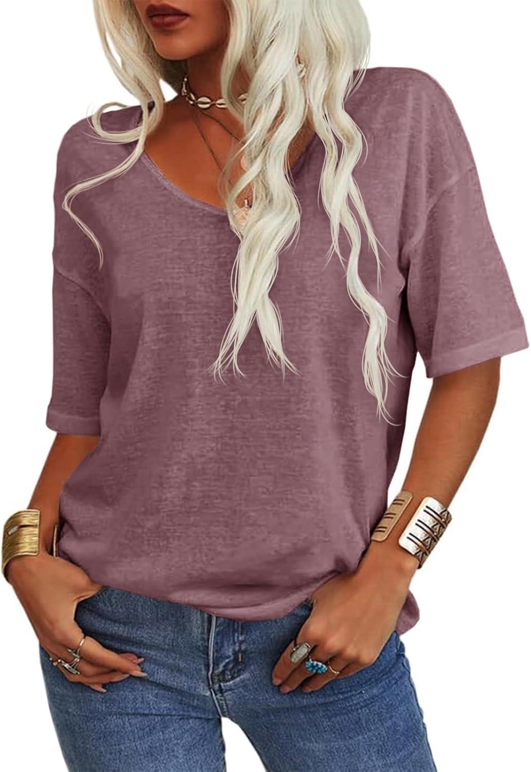 imageTankaneo Womens 34 Sleeve Shirts V Neck Loose Fitting Tops Casual Solid Color Tshirts Trendy Basic Tunic Summer Ladies TopsWine Red