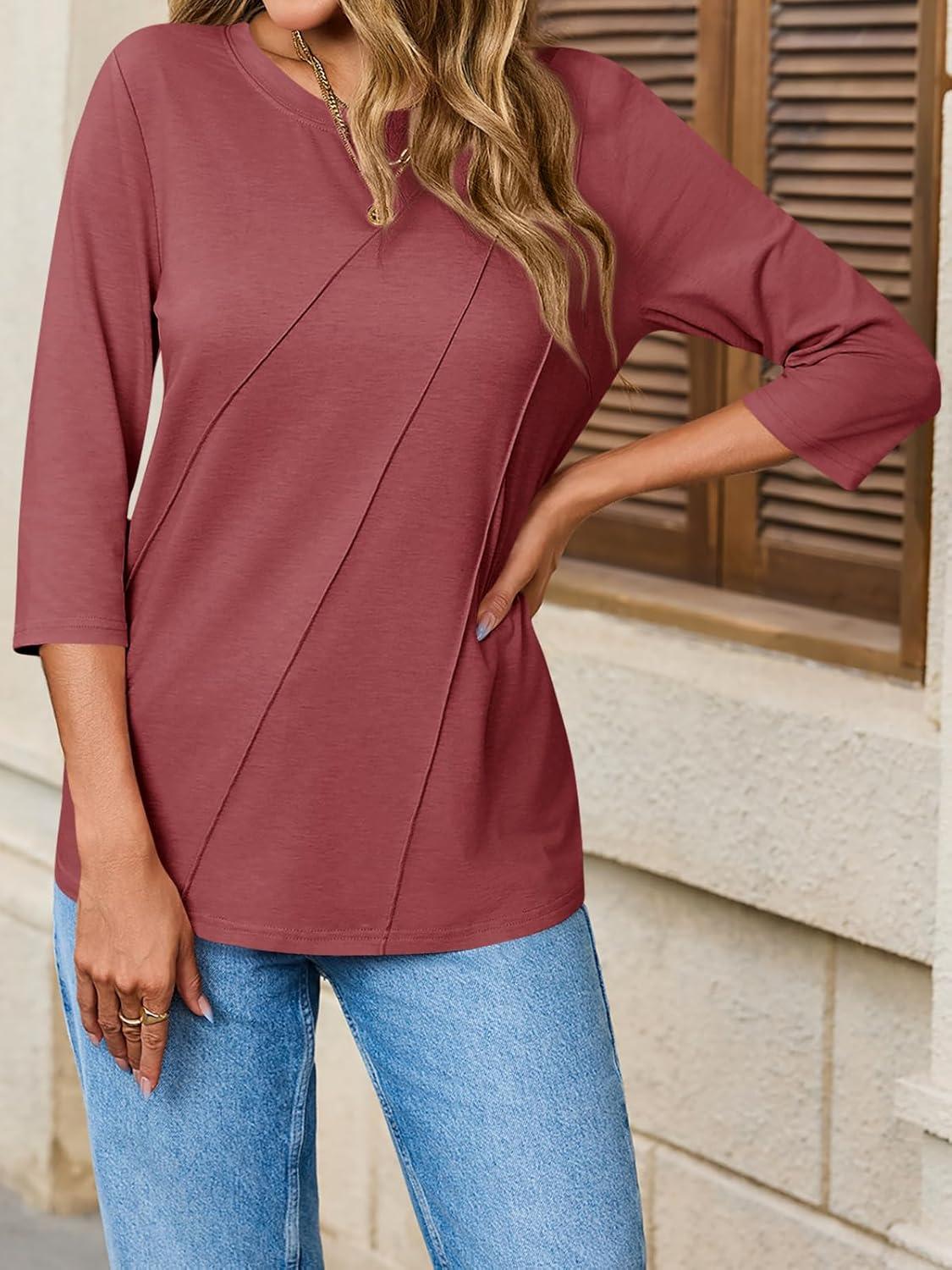 imageTankaneo Womens 34 Sleeve TShirts Summer 2025 Crew Neck Blouse Dressy Casual Pleated Trendy TopsWine Red