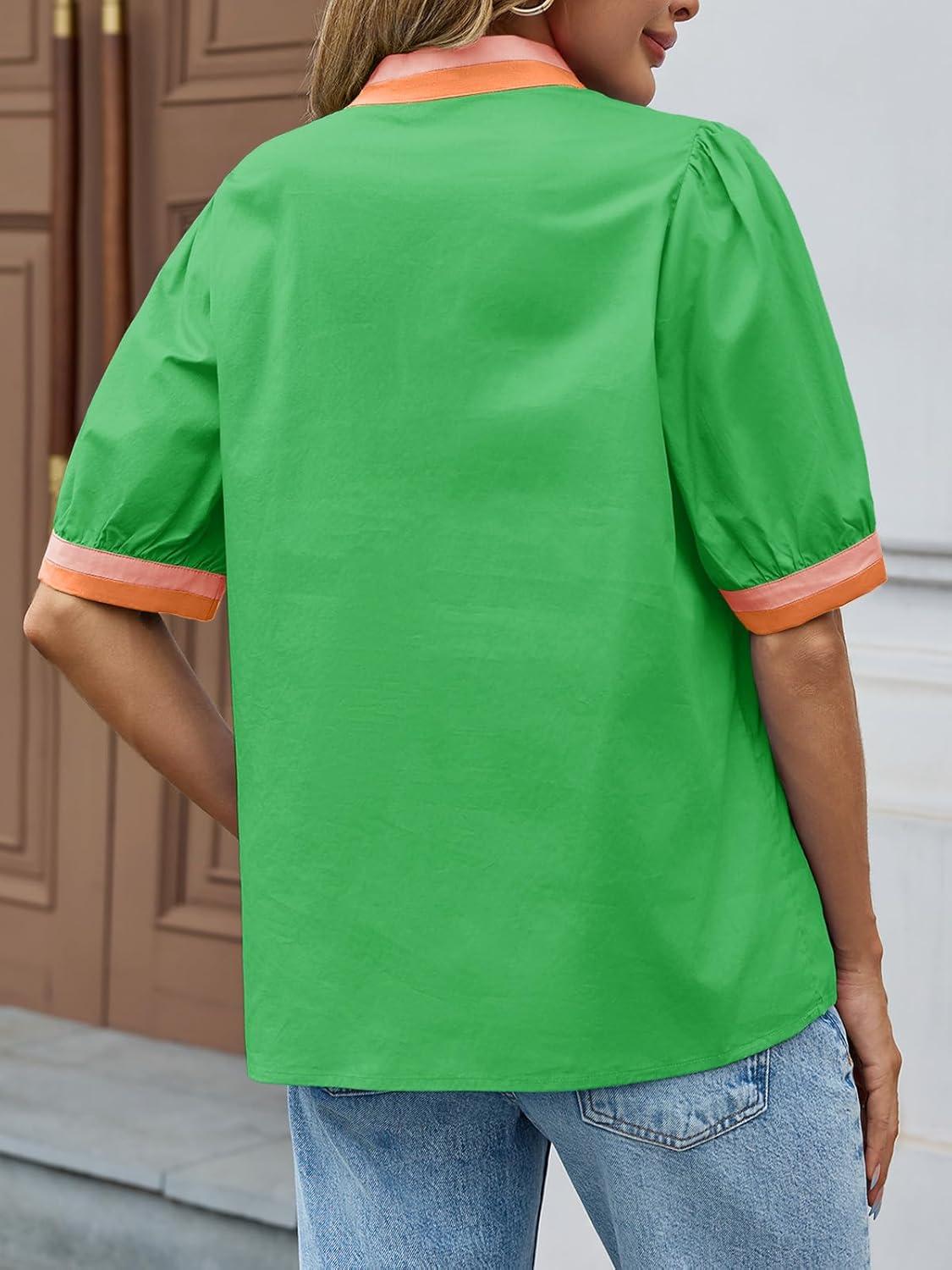 imageTankaneo Womens Color Block Puff Sleeve Tops Dressy Casual V Neck Cotton Blouses Summer Loose Fit Tees ShirtsGreen