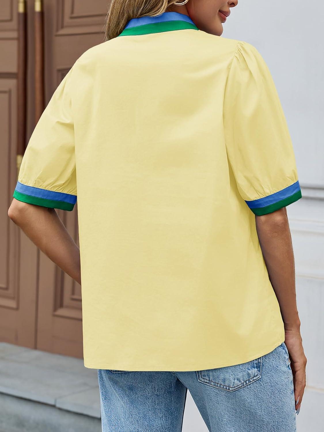 imageTankaneo Womens Color Block Puff Sleeve Tops Dressy Casual V Neck Cotton Blouses Summer Loose Fit Tees ShirtsYellow