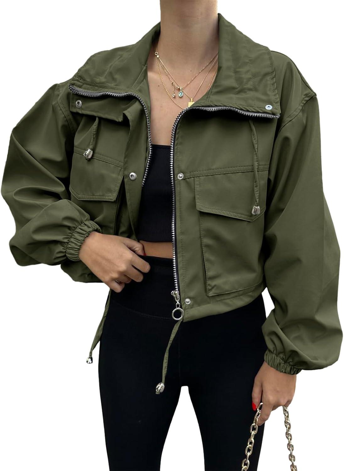 imageTankaneo Womens Cropped Jacket Zip Up Lightweight Oversized Utility Anorak Coat with PocketsArmy Green