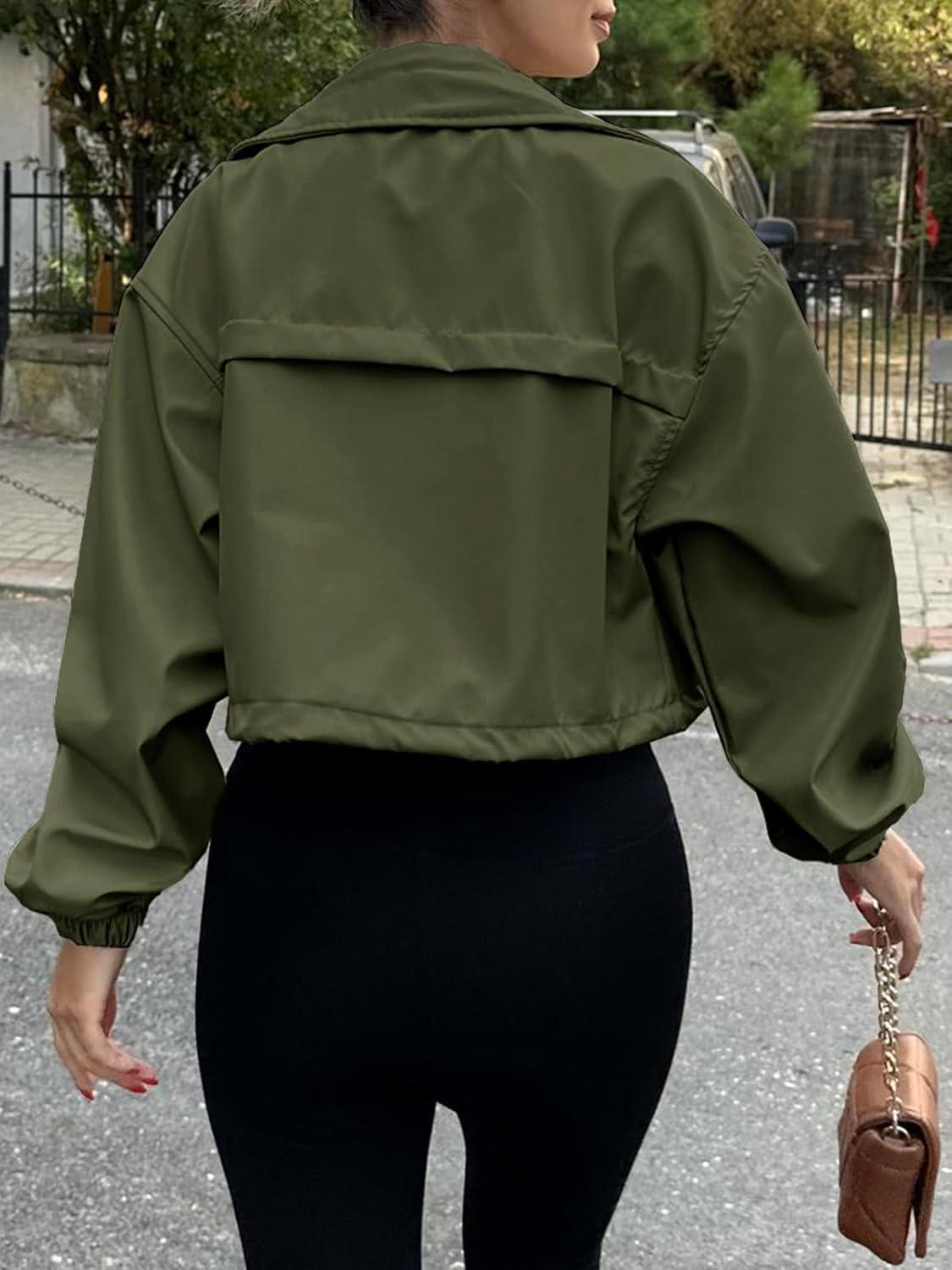 imageTankaneo Womens Cropped Jacket Zip Up Lightweight Oversized Utility Anorak Coat with PocketsArmy Green