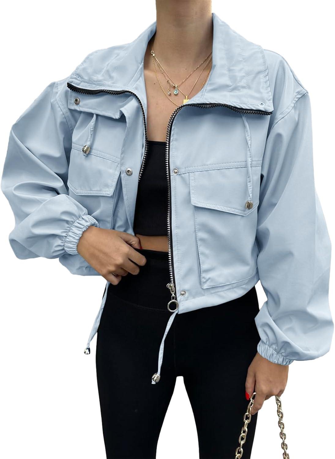 imageTankaneo Womens Cropped Jacket Zip Up Lightweight Oversized Utility Anorak Coat with PocketsBlue