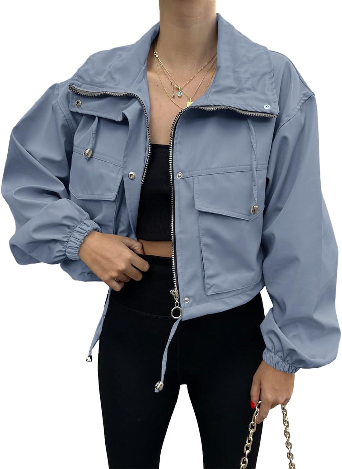imageTankaneo Womens Cropped Jacket Zip Up Lightweight Oversized Utility Anorak Coat with PocketsBlue Grey