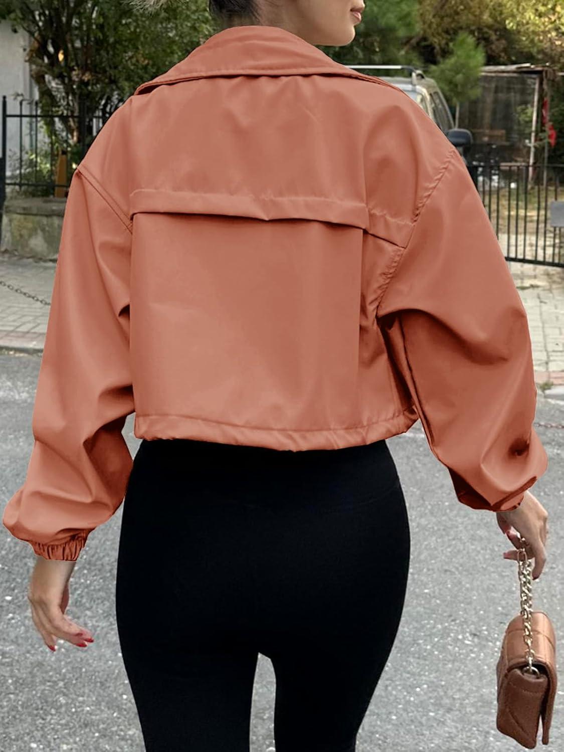 imageTankaneo Womens Cropped Jacket Zip Up Lightweight Oversized Utility Anorak Coat with PocketsBrick Red