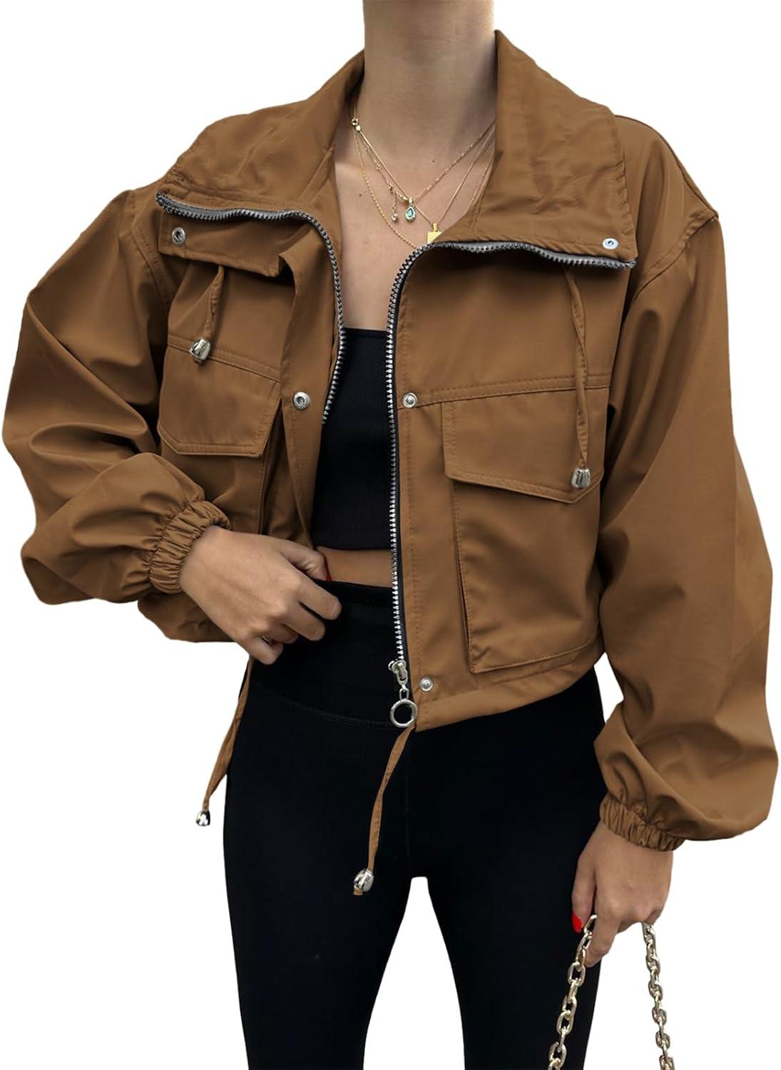 imageTankaneo Womens Cropped Jacket Zip Up Lightweight Oversized Utility Anorak Coat with PocketsBrown