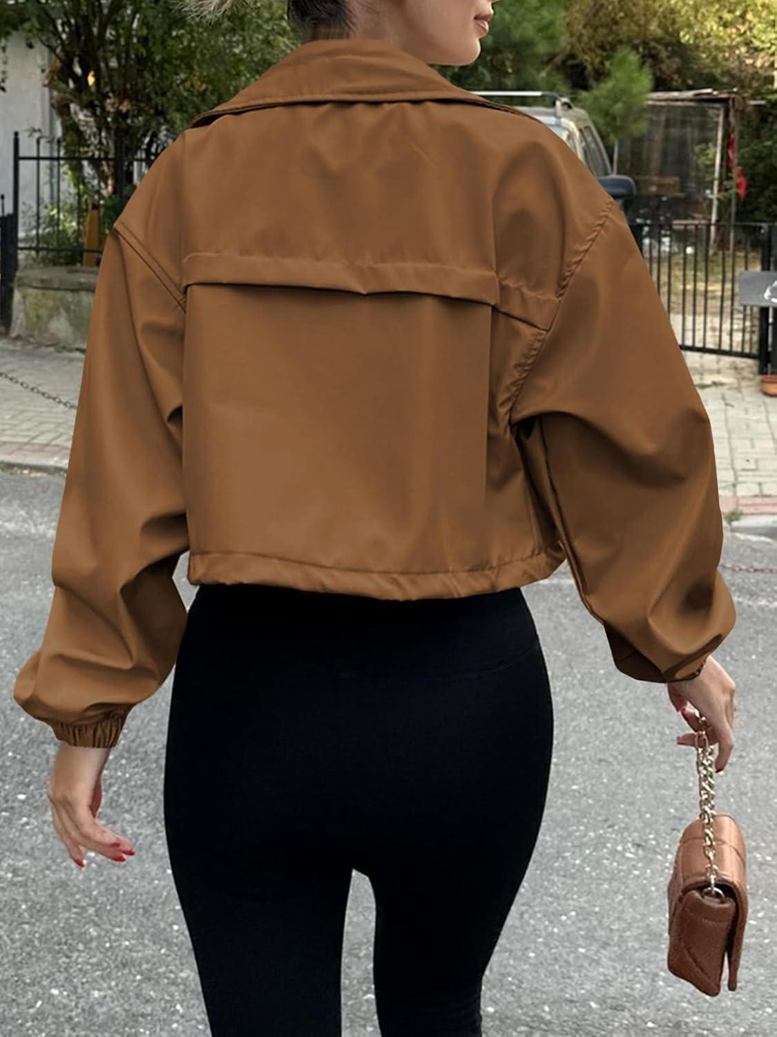 imageTankaneo Womens Cropped Jacket Zip Up Lightweight Oversized Utility Anorak Coat with PocketsBrown