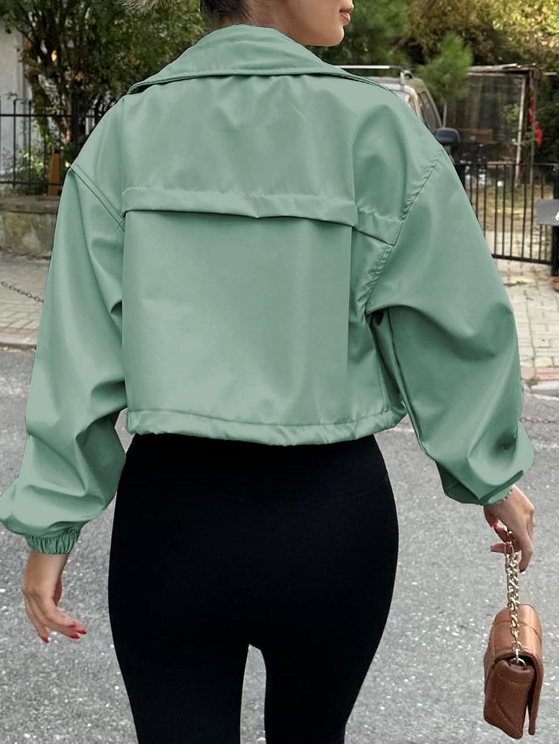 imageTankaneo Womens Cropped Jacket Zip Up Lightweight Oversized Utility Anorak Coat with PocketsGreen