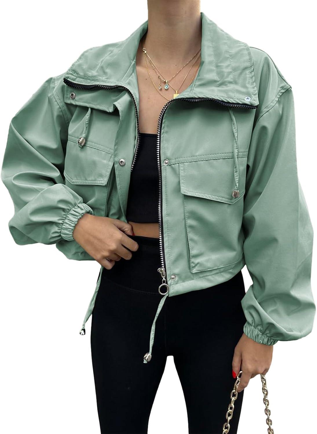 imageTankaneo Womens Cropped Jacket Zip Up Lightweight Oversized Utility Anorak Coat with PocketsGreen