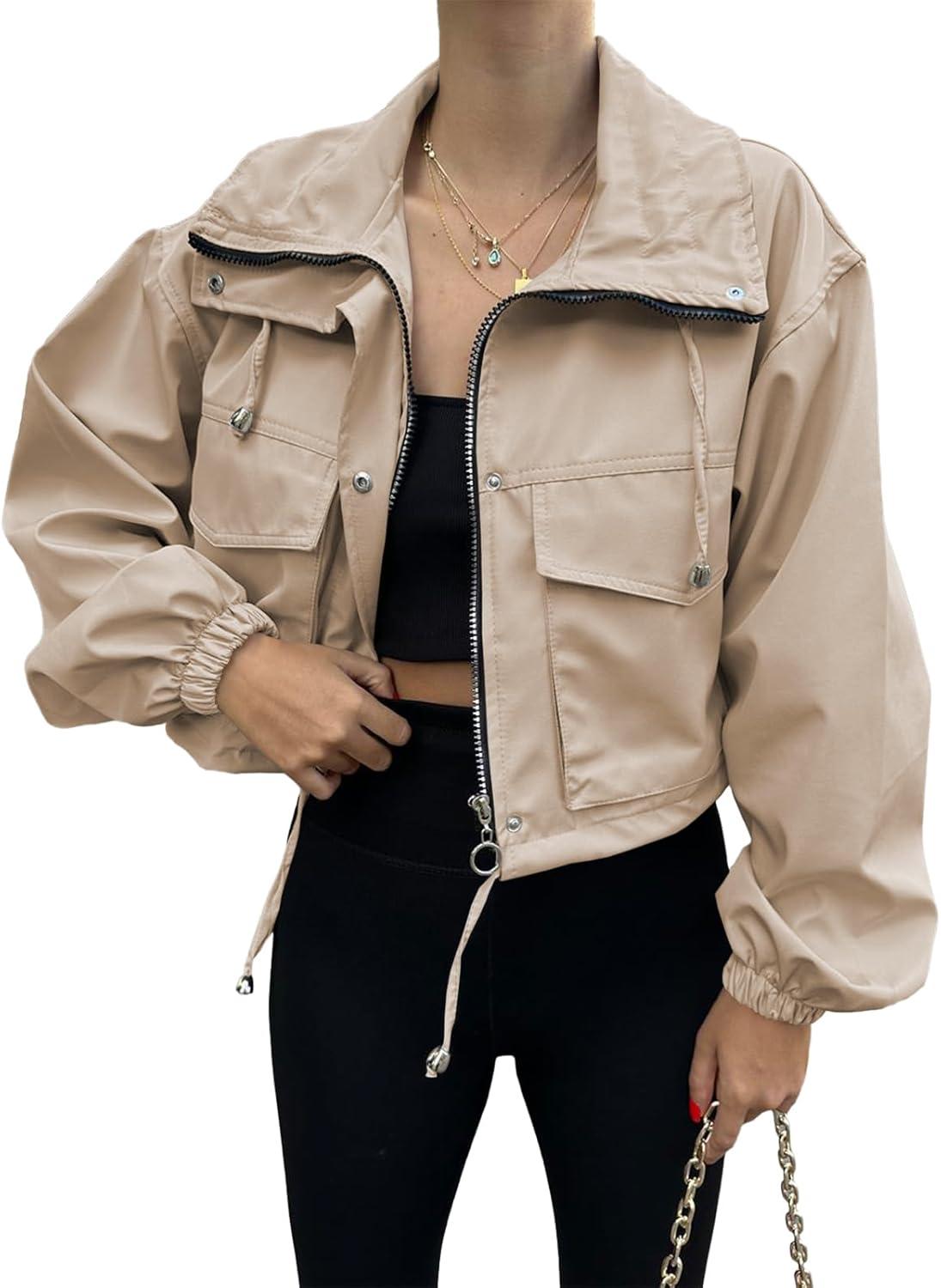 imageTankaneo Womens Cropped Jacket Zip Up Lightweight Oversized Utility Anorak Coat with PocketsKhaki