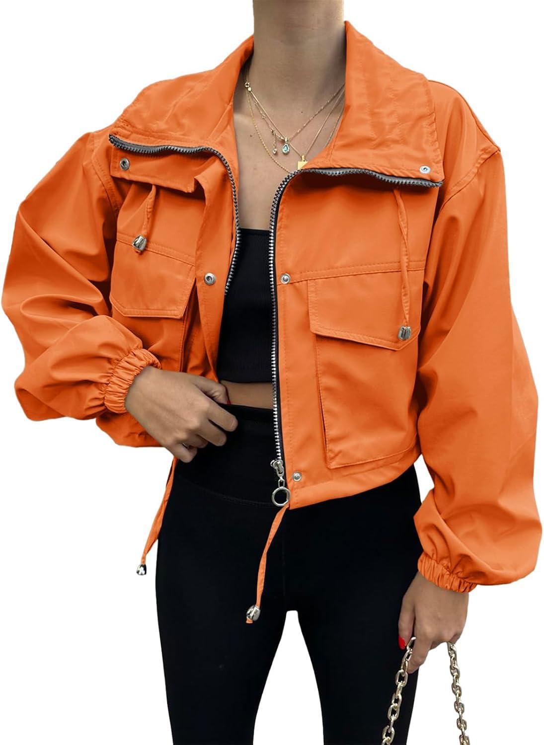 imageTankaneo Womens Cropped Jacket Zip Up Lightweight Oversized Utility Anorak Coat with PocketsOrange