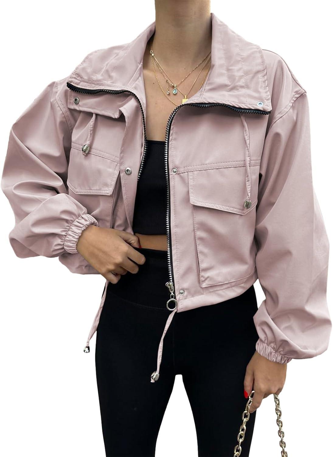 imageTankaneo Womens Cropped Jacket Zip Up Lightweight Oversized Utility Anorak Coat with PocketsPink