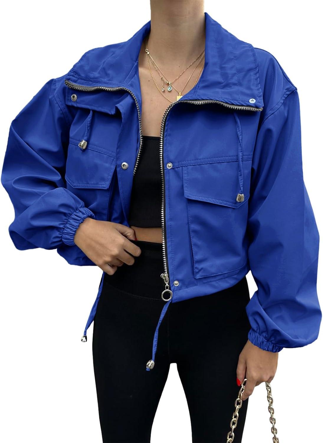 imageTankaneo Womens Cropped Jacket Zip Up Lightweight Oversized Utility Anorak Coat with PocketsRoyal Blue