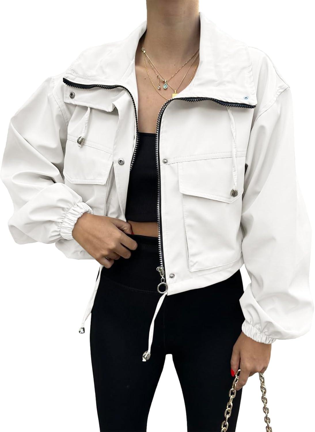 imageTankaneo Womens Cropped Jacket Zip Up Lightweight Oversized Utility Anorak Coat with PocketsWhite