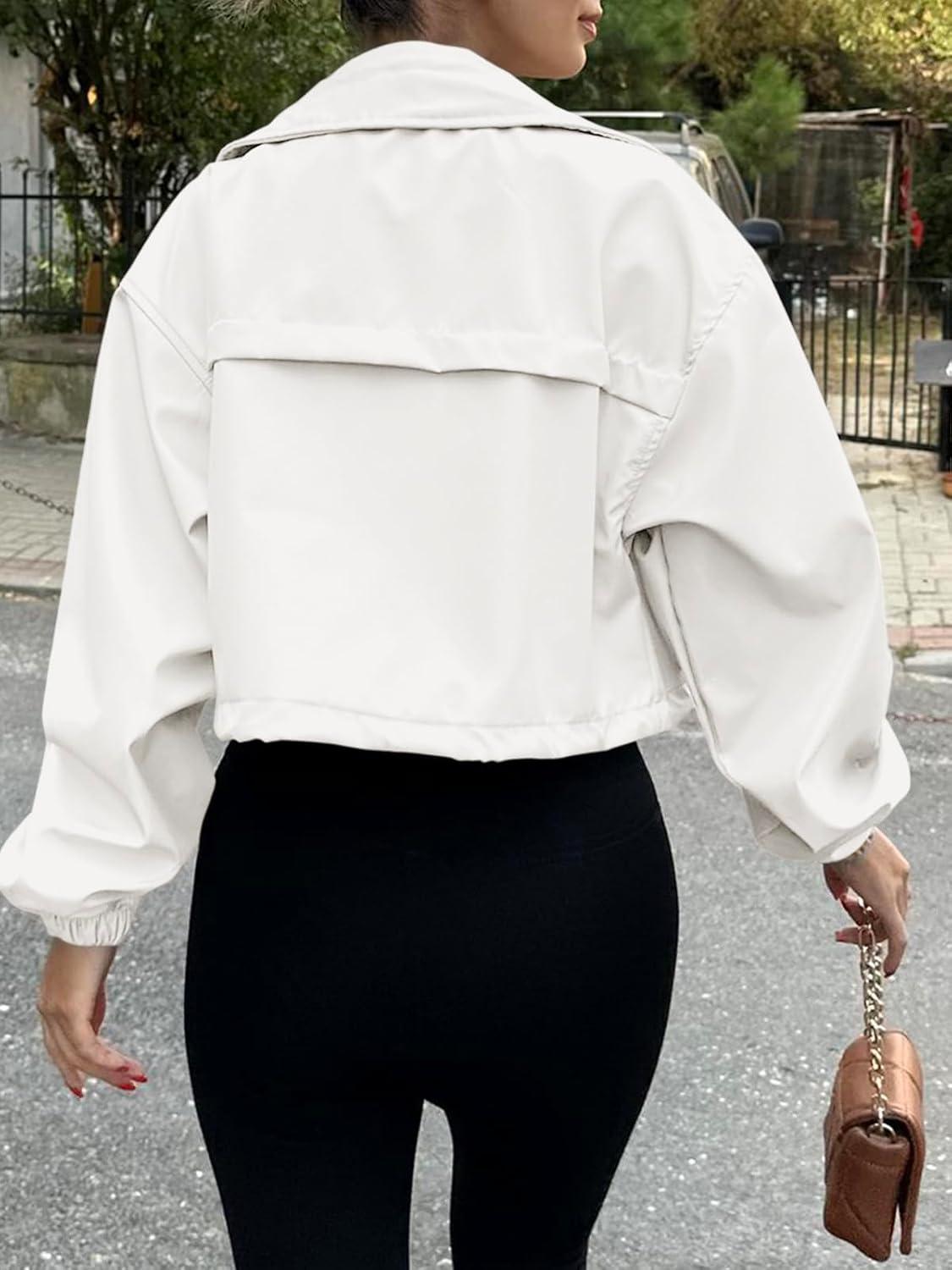 imageTankaneo Womens Cropped Jacket Zip Up Lightweight Oversized Utility Anorak Coat with PocketsWhite