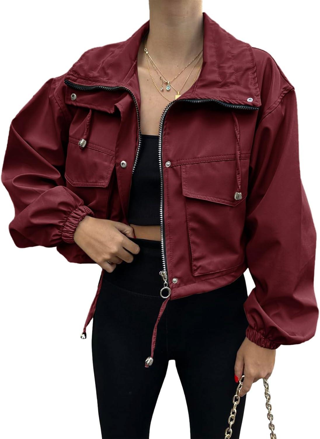 imageTankaneo Womens Cropped Jacket Zip Up Lightweight Oversized Utility Anorak Coat with PocketsWine Red