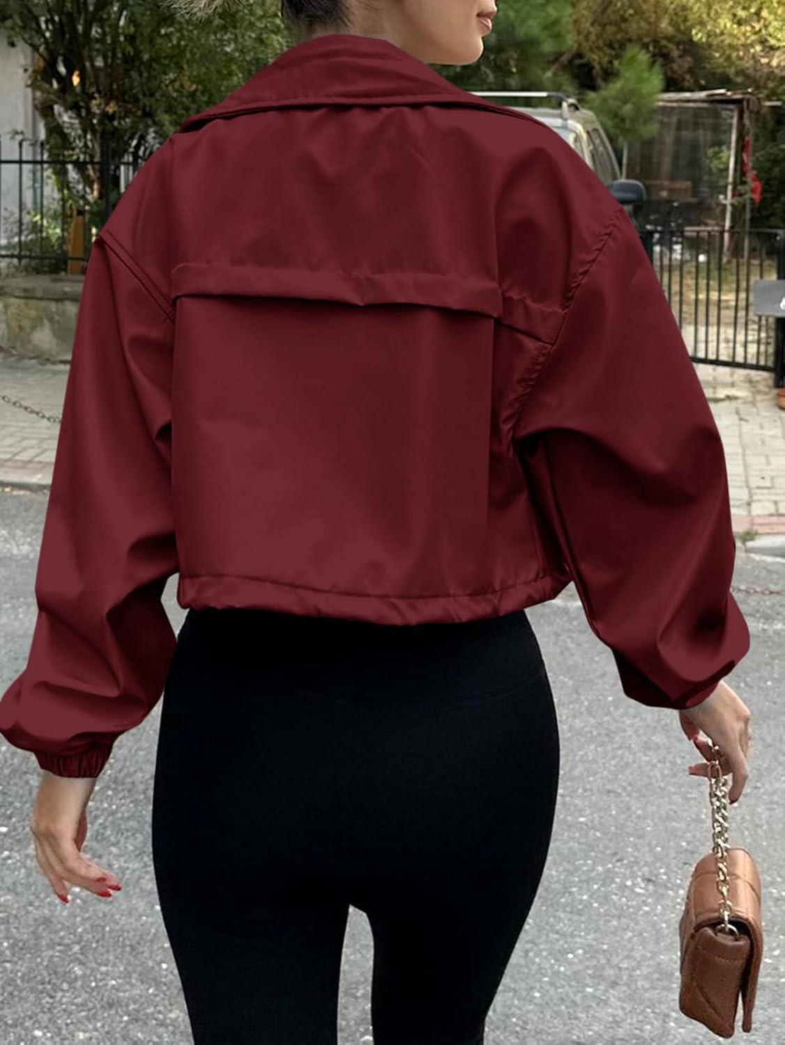 imageTankaneo Womens Cropped Jacket Zip Up Lightweight Oversized Utility Anorak Coat with PocketsWine Red