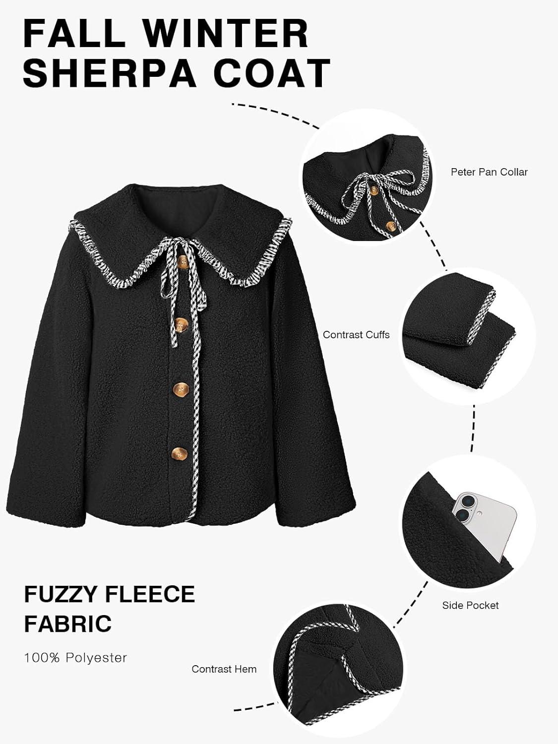 imageTankaneo Womens Fuzzy Fleece Jacket Peter Pan Collar Button Down Fall Winter Sherpa Coats Colorblock Cute Warm OuterwearBlack