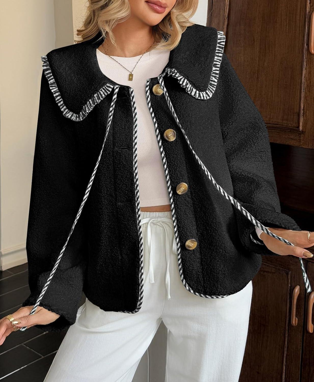 imageTankaneo Womens Fuzzy Fleece Jacket Peter Pan Collar Button Down Fall Winter Sherpa Coats Colorblock Cute Warm OuterwearBlack