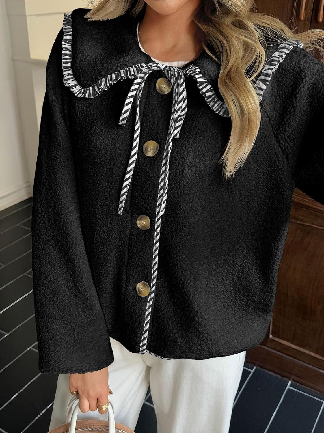 imageTankaneo Womens Fuzzy Fleece Jacket Peter Pan Collar Button Down Fall Winter Sherpa Coats Colorblock Cute Warm OuterwearBlack