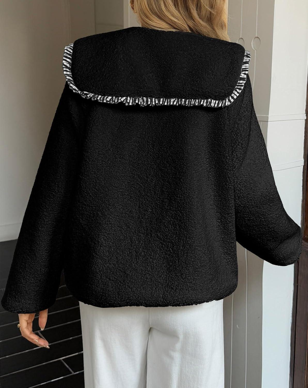 imageTankaneo Womens Fuzzy Fleece Jacket Peter Pan Collar Button Down Fall Winter Sherpa Coats Colorblock Cute Warm OuterwearBlack