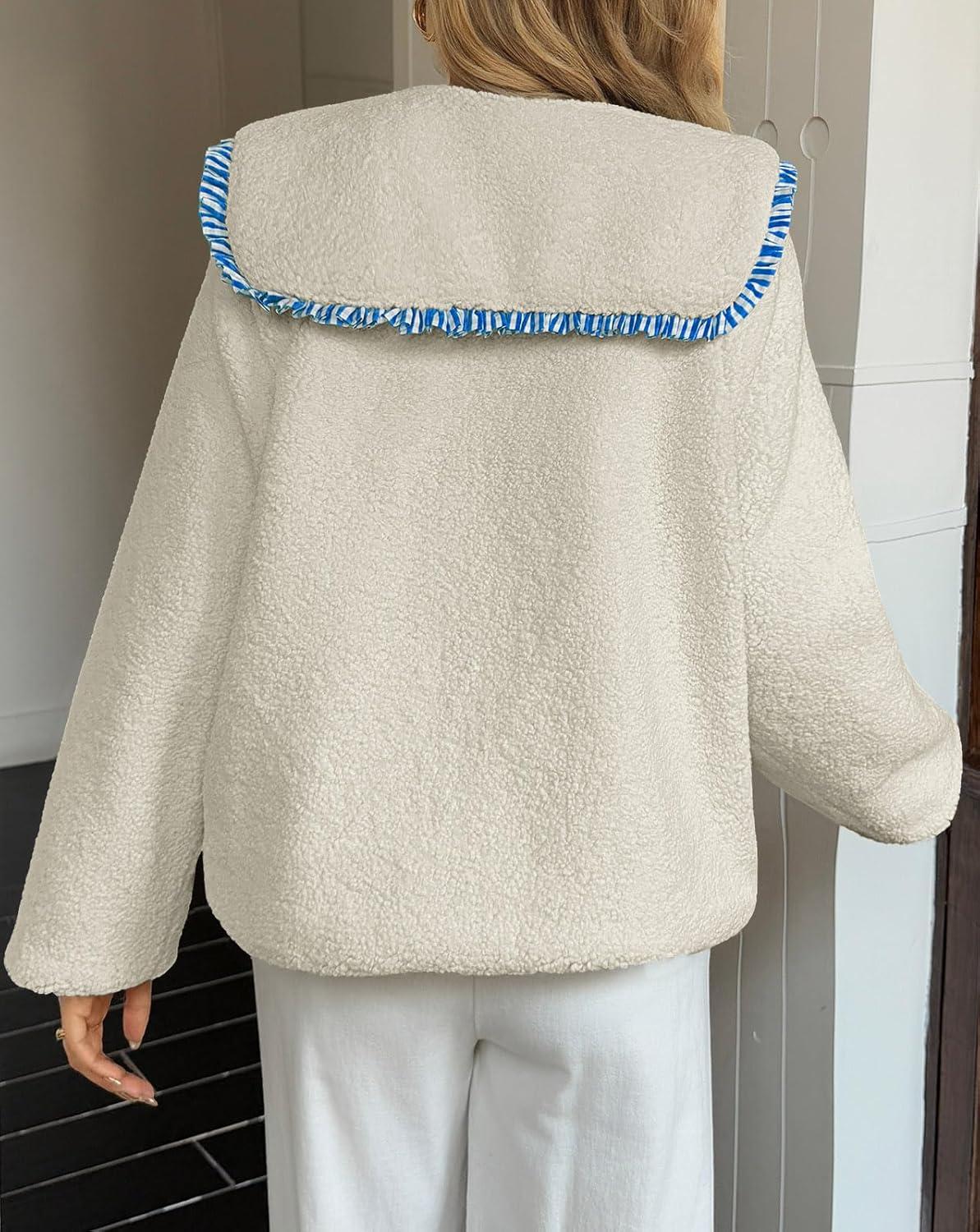 imageTankaneo Womens Fuzzy Fleece Jacket Peter Pan Collar Button Down Fall Winter Sherpa Coats Colorblock Cute Warm OuterwearBlue