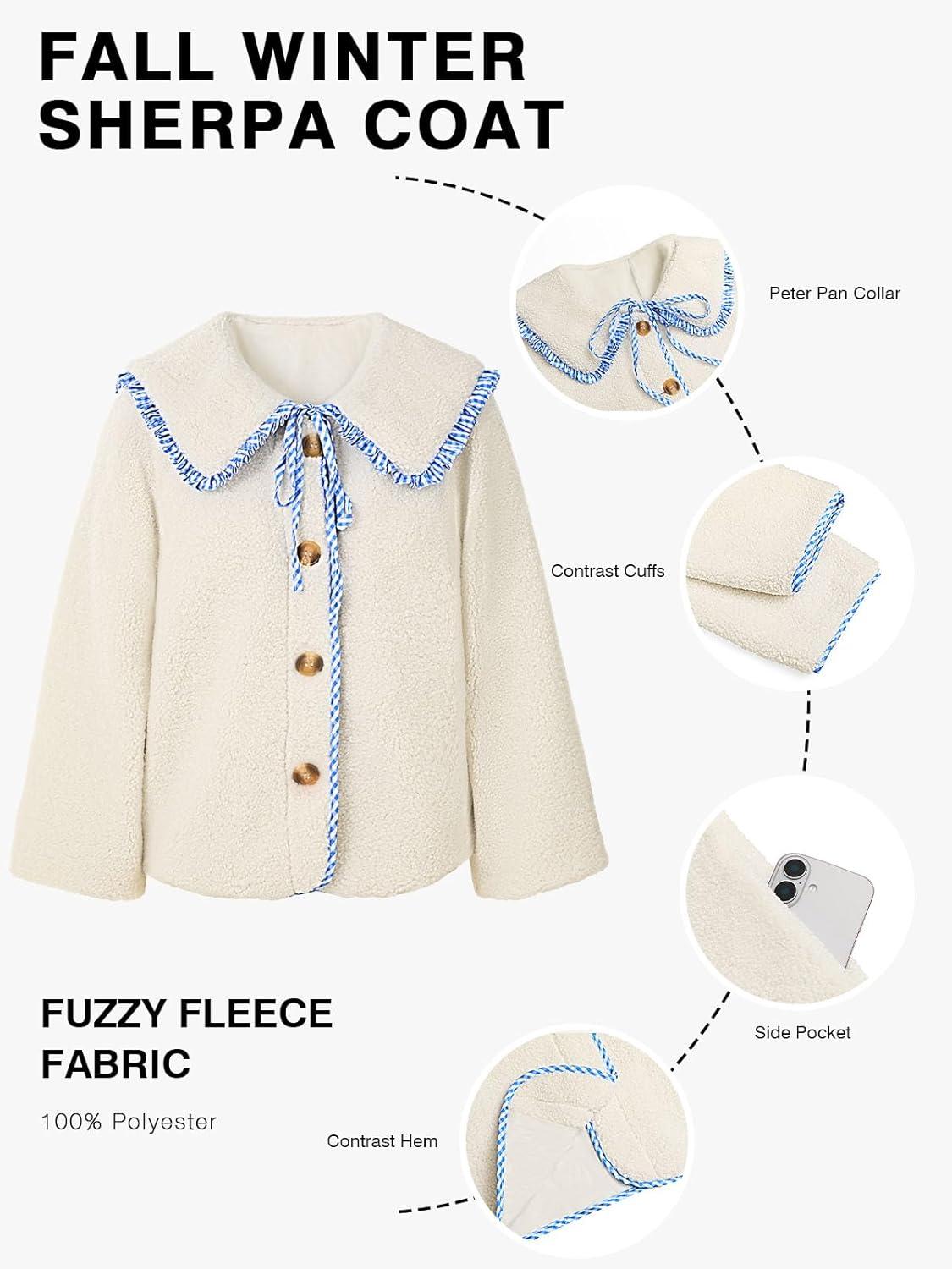 imageTankaneo Womens Fuzzy Fleece Jacket Peter Pan Collar Button Down Fall Winter Sherpa Coats Colorblock Cute Warm OuterwearBlue