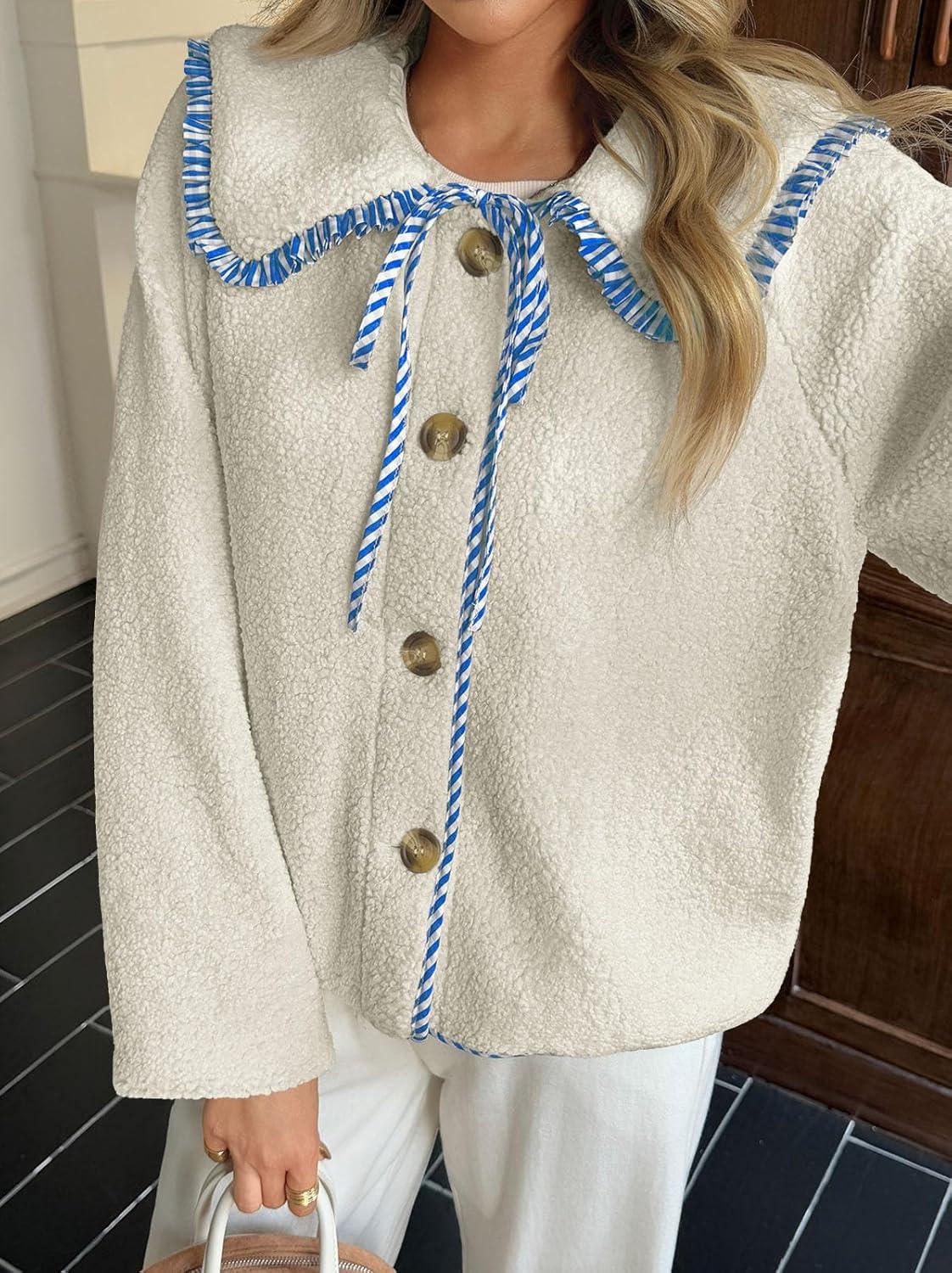 imageTankaneo Womens Fuzzy Fleece Jacket Peter Pan Collar Button Down Fall Winter Sherpa Coats Colorblock Cute Warm OuterwearBlue