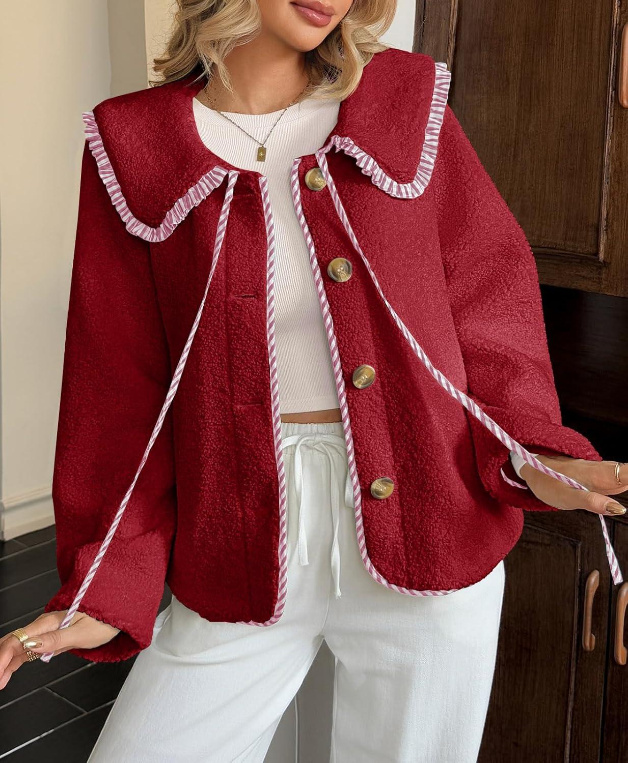 imageTankaneo Womens Fuzzy Fleece Jacket Peter Pan Collar Button Down Fall Winter Sherpa Coats Colorblock Cute Warm OuterwearBurgundy