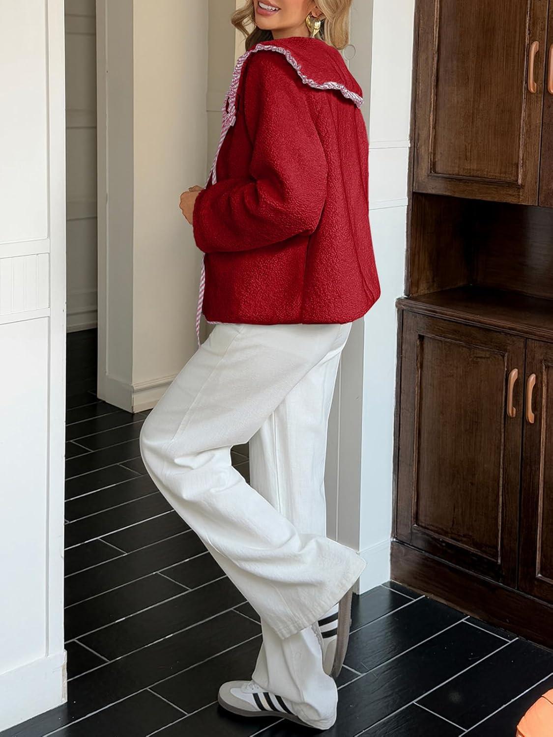 imageTankaneo Womens Fuzzy Fleece Jacket Peter Pan Collar Button Down Fall Winter Sherpa Coats Colorblock Cute Warm OuterwearBurgundy