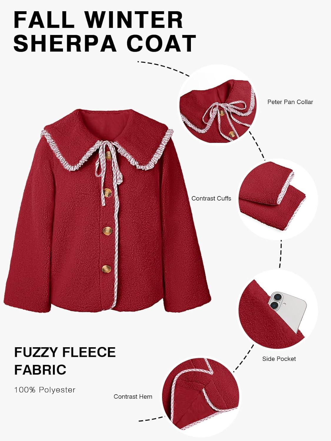 imageTankaneo Womens Fuzzy Fleece Jacket Peter Pan Collar Button Down Fall Winter Sherpa Coats Colorblock Cute Warm OuterwearBurgundy