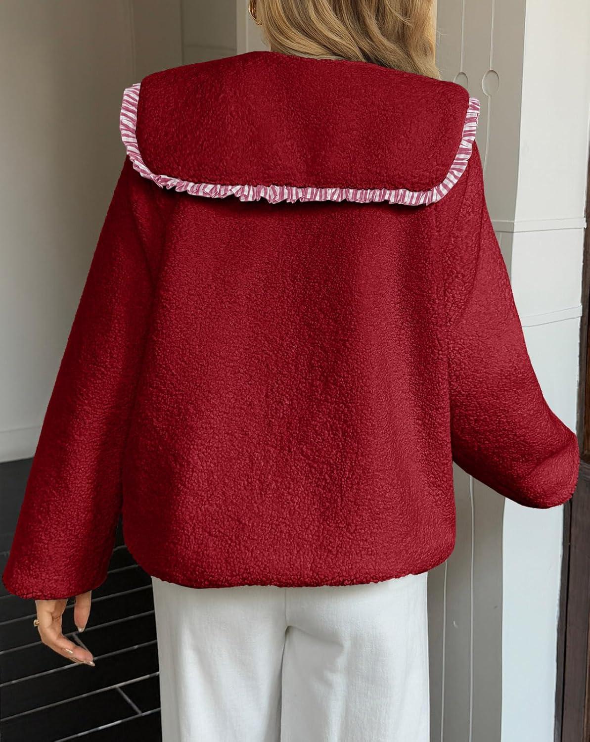 imageTankaneo Womens Fuzzy Fleece Jacket Peter Pan Collar Button Down Fall Winter Sherpa Coats Colorblock Cute Warm OuterwearBurgundy