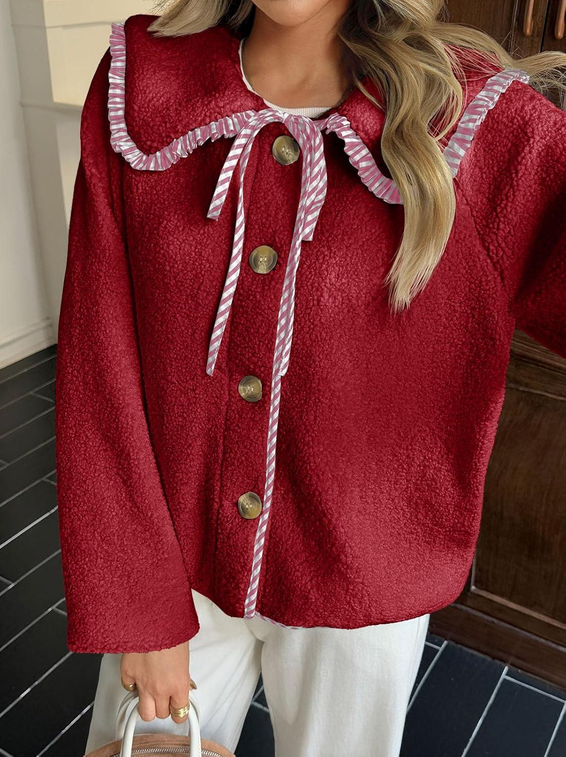 imageTankaneo Womens Fuzzy Fleece Jacket Peter Pan Collar Button Down Fall Winter Sherpa Coats Colorblock Cute Warm OuterwearBurgundy