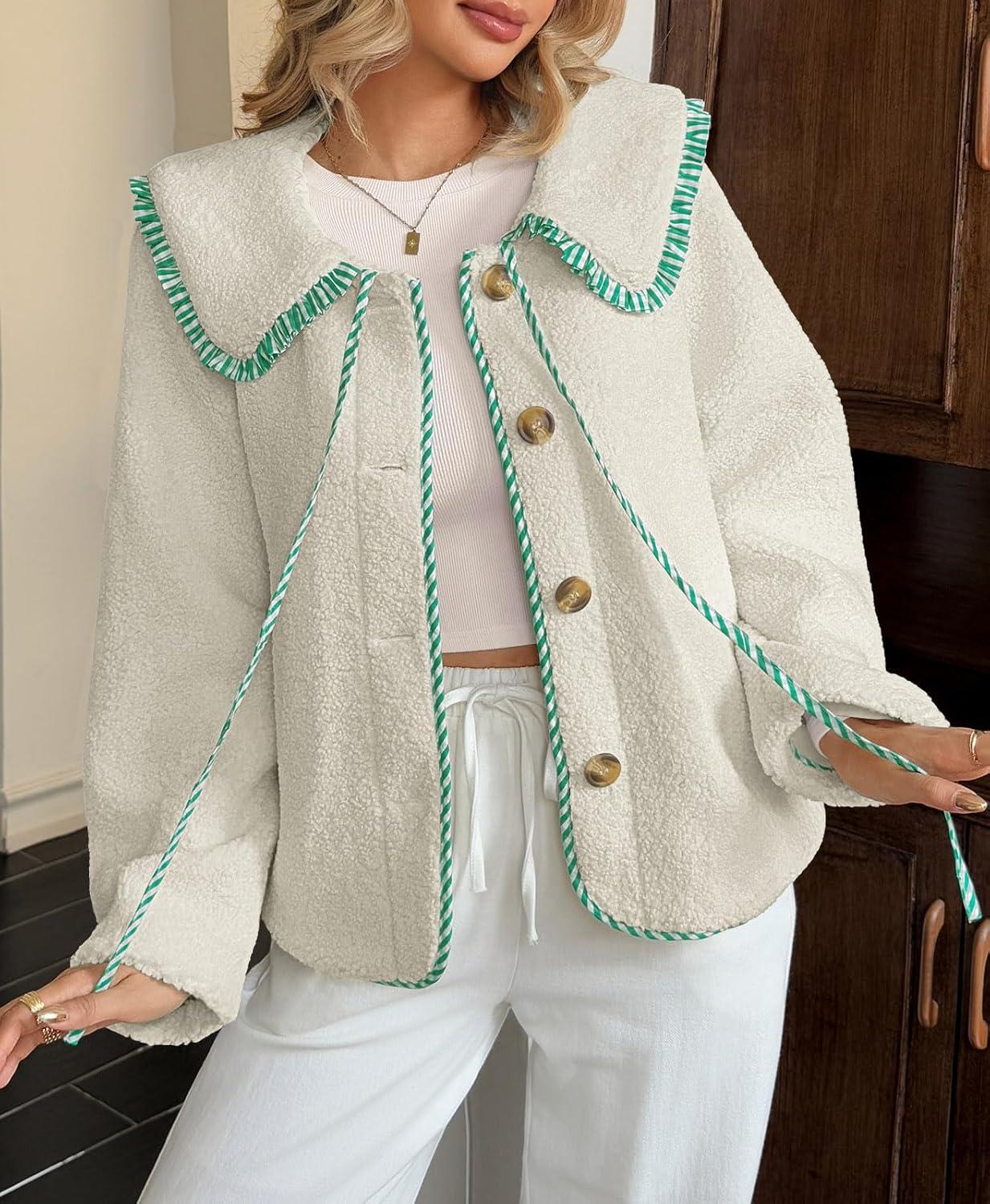 imageTankaneo Womens Fuzzy Fleece Jacket Peter Pan Collar Button Down Fall Winter Sherpa Coats Colorblock Cute Warm OuterwearGreen