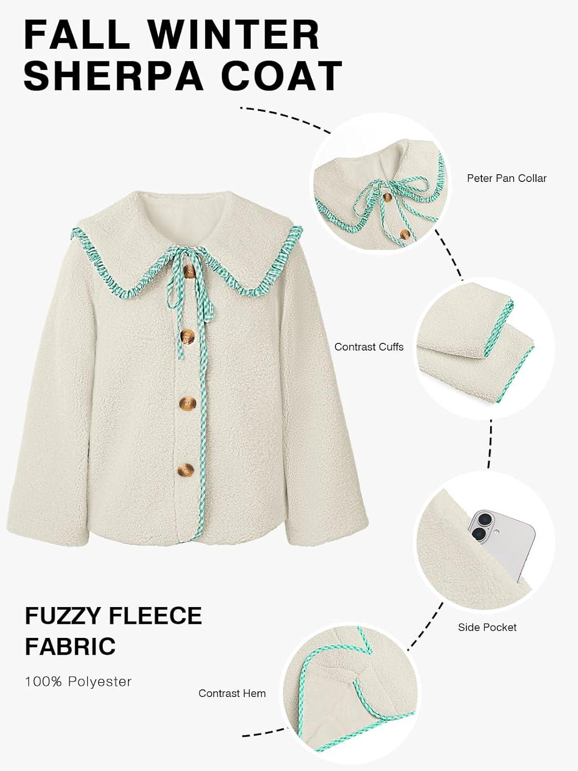 imageTankaneo Womens Fuzzy Fleece Jacket Peter Pan Collar Button Down Fall Winter Sherpa Coats Colorblock Cute Warm OuterwearGreen